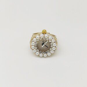 Vintage pearl like & crystal gold tone dial (blue hands) ring watch by migi (Uns